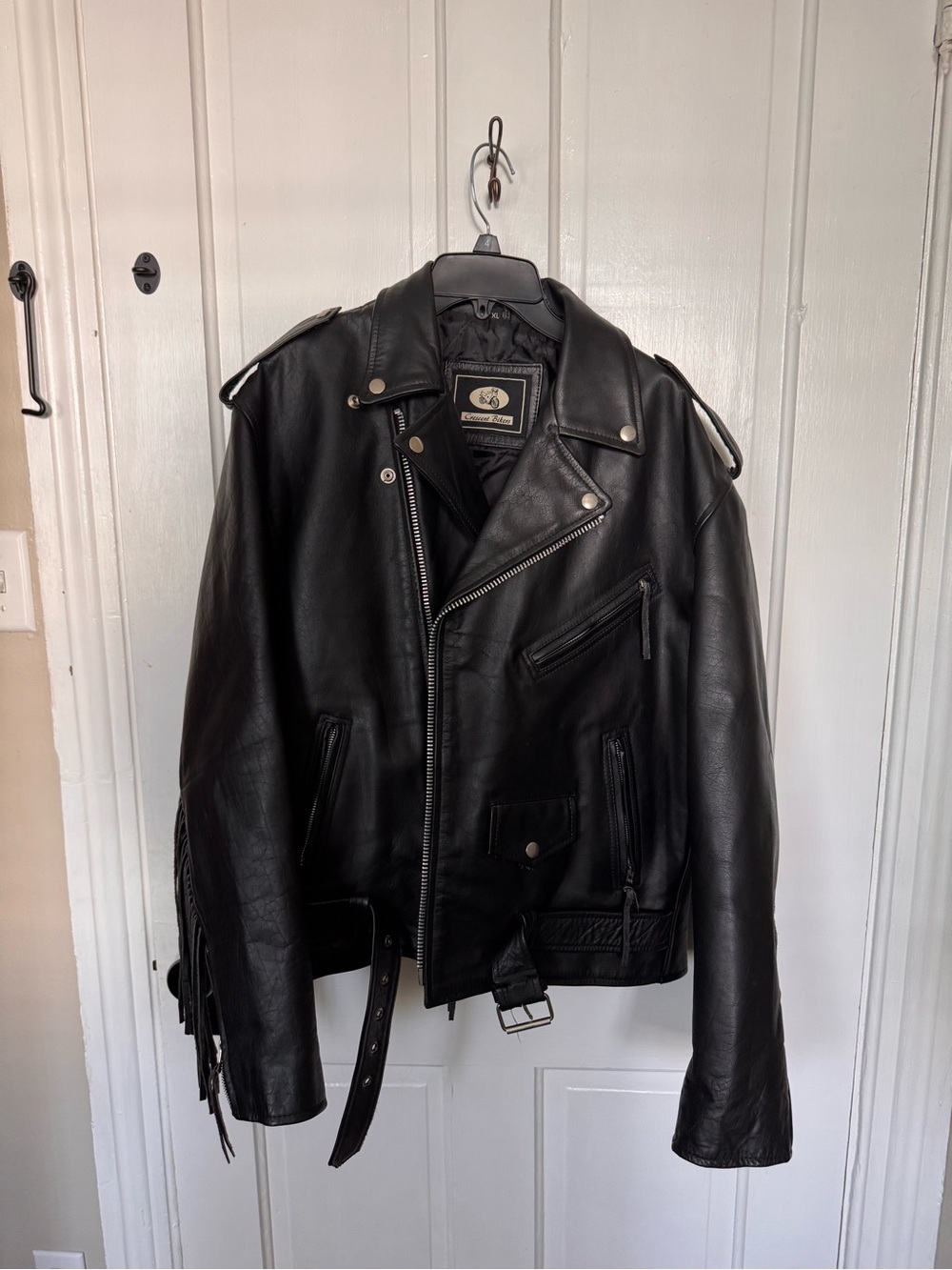 Crescent Bikers Black Leather Biker Jacket with Fringe Accents